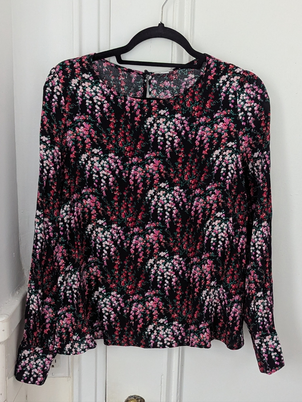 J. Crew Black Floral Long-Sleeve Blouse with Pink & White Print